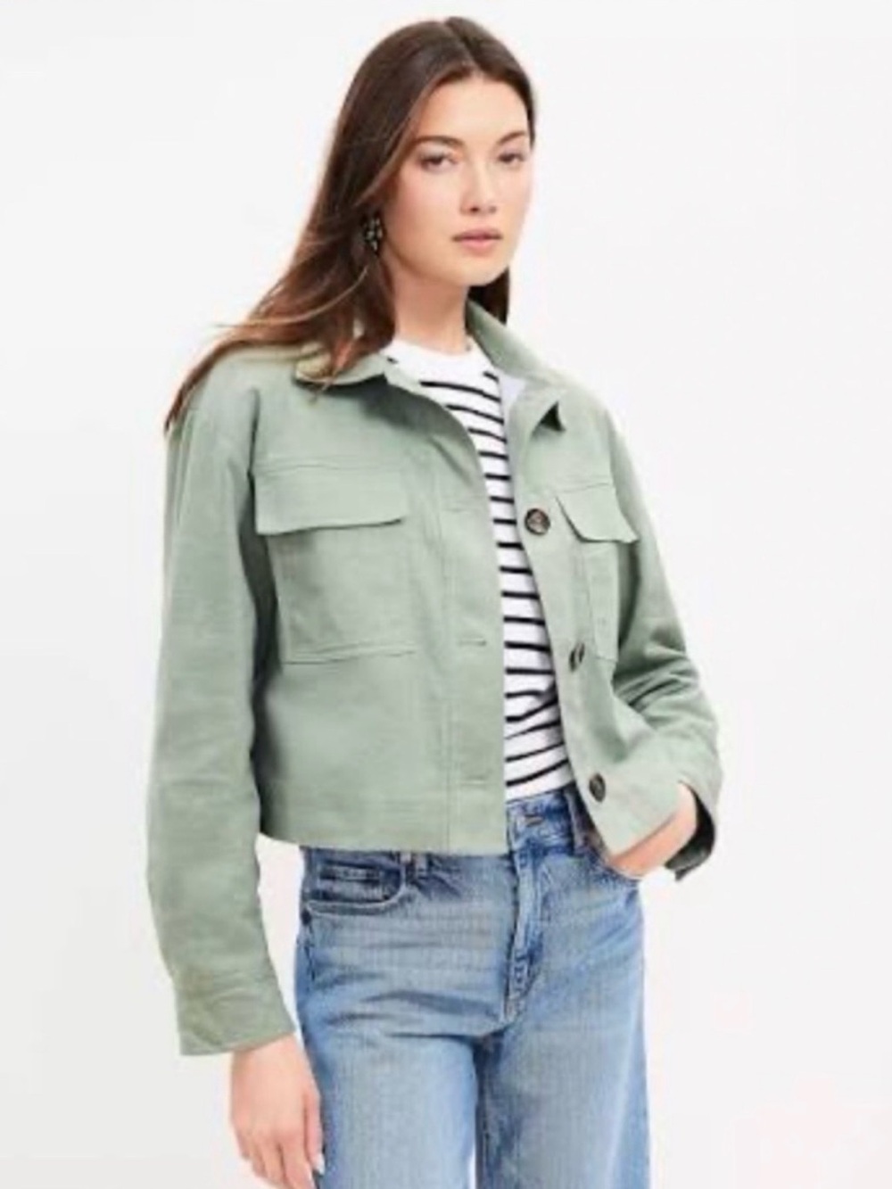 LOFT Green Linen‎ Cotton Blend Pocket Cropped Jacket Size Medium